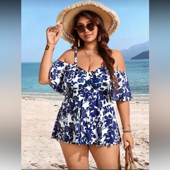 Floral Off-Shoulder Blue and White Women's Swimsuit - Picture 4 of 7